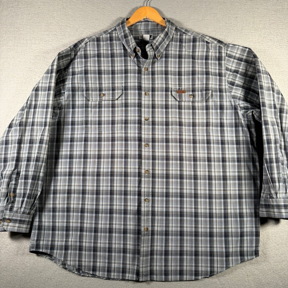 Carhartt‎ Mens 3XL Tall Blue Grey Plaid Cotton Long Sleeve Work Shirt S172CBL